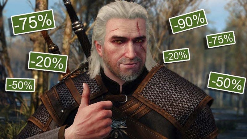 Geralt from The Witcher 3 gives a thumbs up to all the Steam discounts he sees. 