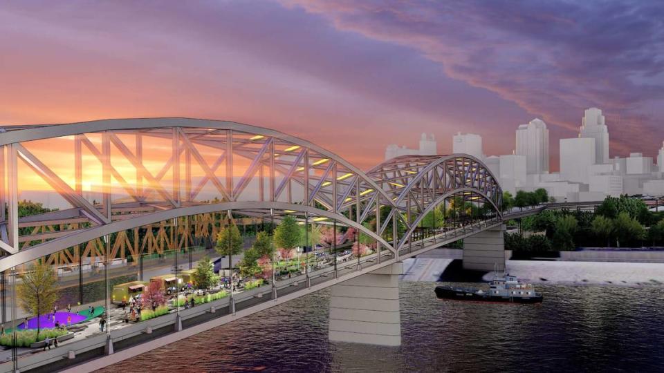 A rendering shows a concept to turn the Buck OÕNeil Bridge into and urban park.