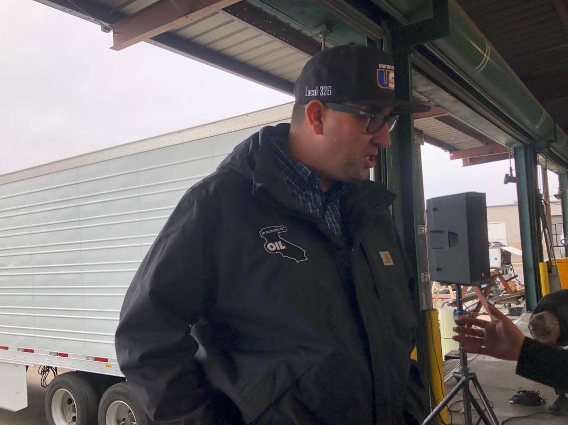 Tyson Bagley, an employee of Phillips 66 Rodeo Refinery and president of United Steelworkers Local 326, discusses the importance of oil and gas jobs at the “My Job Depends on Oil” campaignlaunch held at Smartway Express Trucking Company in Fresno on December 1, 2022.