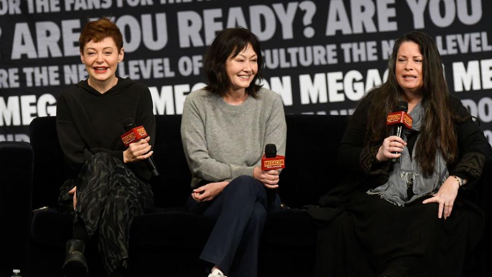 Rose McGowan, Shannen Doherty and Holly Marie Combs speak during a Q&A session at MegaCon Orlando 2024 