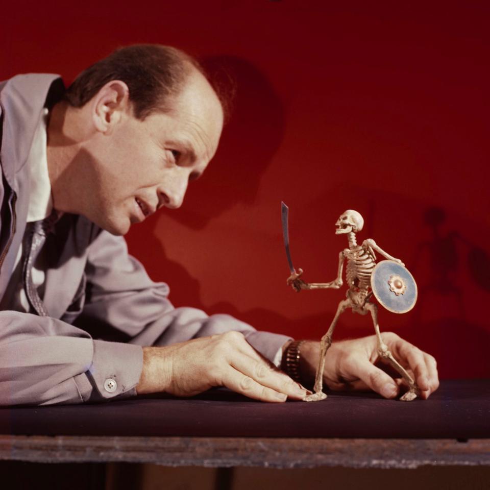 Ray Harryhausen animating a skeleton model from The 7th Voyage of Sinbad, 1958 - The Ray and Diana Harryhausen Foundation