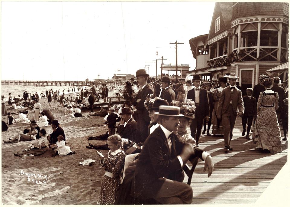 This 1899 vintage photo provided by the Museum of the City of New York shows bathers at Midland Beach in the Staten Island borough of New York. Beyond the ferry, the Verrazano-Narrows Bridge and maybe the Fresh Kills landfill, few people outside Staten Island know of its rich history as a strategic site in New York Harbor, a farming center, a recreational haven and a suburban retreat. A new exhibition aims to rectify that. “From Farm to City: Staten Island 1661-2012” opened at the Museum of the City of New York on Thursday and runs through Jan. 21. (AP Photo/Museum of the City of New York, The Byron Collection)