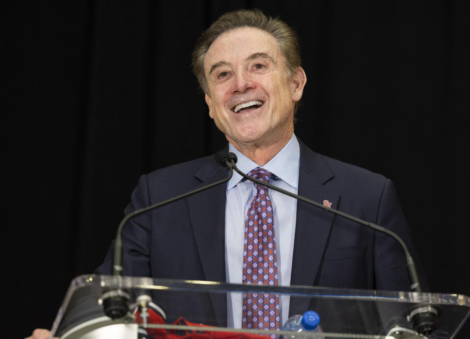 FILE - Rick Pitino speaks after being introduced as St. John's new men's NCAA college basketball head coach at Madison Square Garden in New York, March 21, 2023. St. John’s and Rutgers will play an exhibition game for charity in October to benefit the Dick Vitale Pediatric Cancer Research Fund at the V Foundation. Just more than two weeks before the college basketball regular season tips off, new coach Pitino and the revamped Red Storm will host head coach Steve Pikiell and the Scarlet Knights on Oct. 21, 2023. (AP Photo/Corey Sipkin, File)