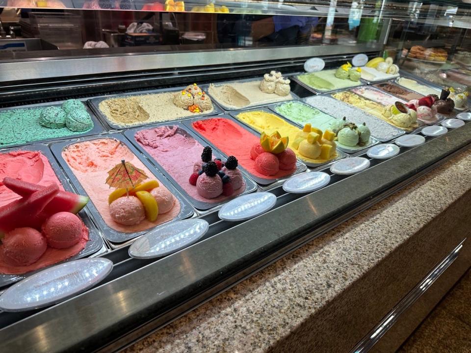 A display behind glass of colorful sorbets at the Bacchanal buffet