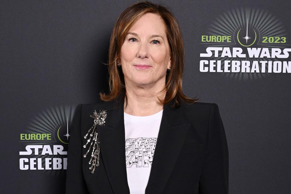 LONDON, ENGLAND - APRIL 07: Kathleen Kennedy attends the studio panel at Star Wars Celebration 2023 in London at ExCel on April 07, 2023 in London, England. (Photo by Jeff Spicer/Jeff Spicer/Getty Images for Disney)