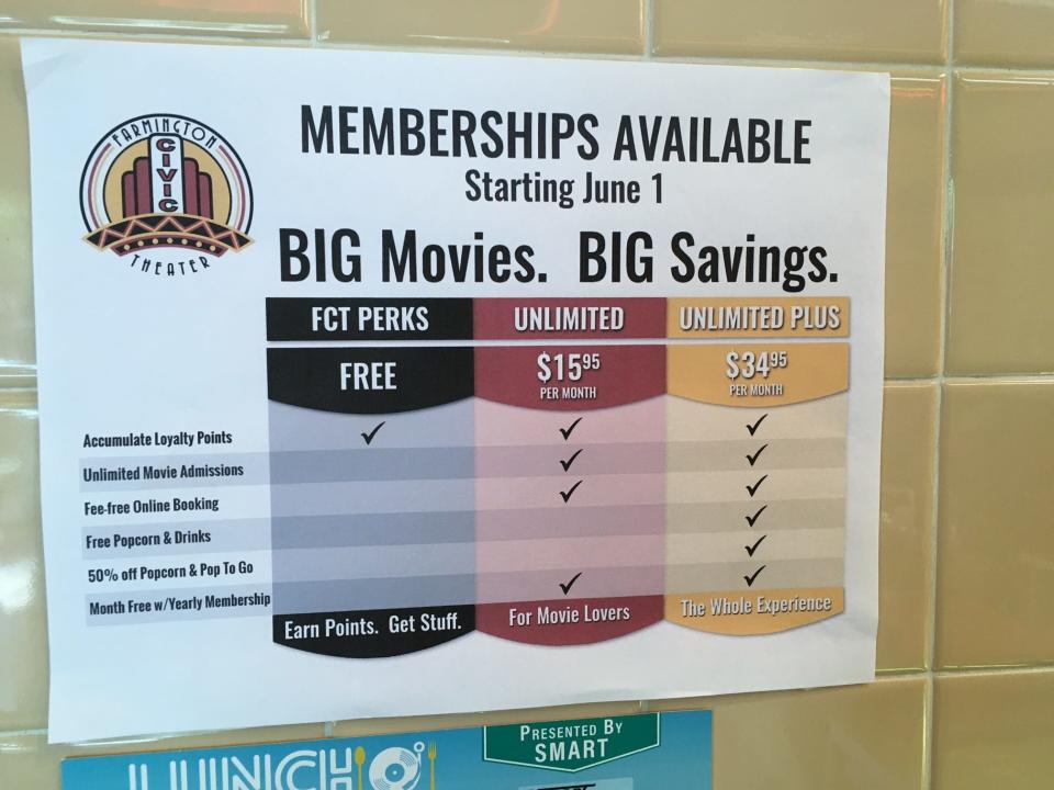 A sign posted alongside the concessions counter outlines the Civic’s membership offers, which include limitless movies for $15.95 per month.