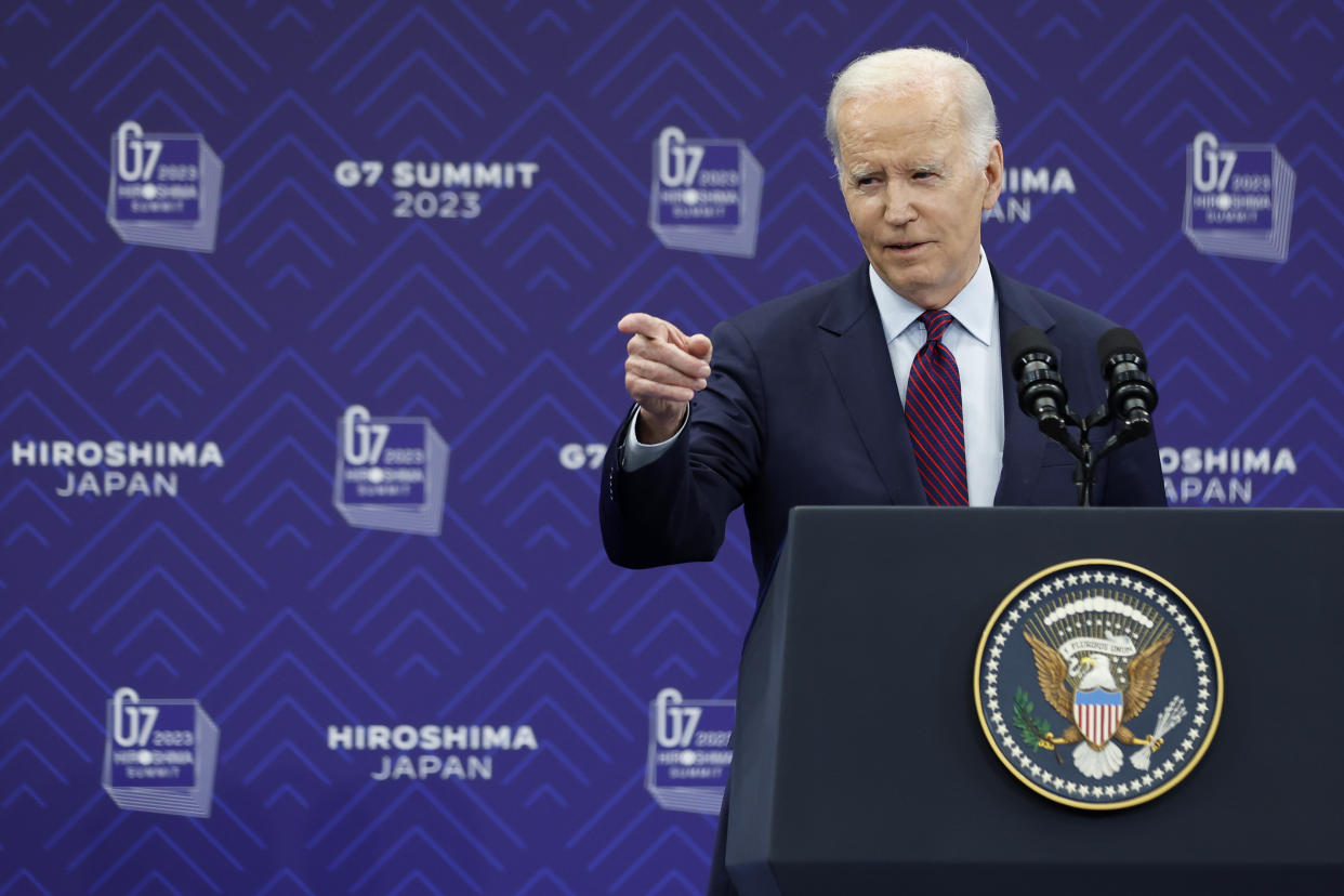 U.S. President Joe Biden speaks during a news conference following the Group of Seven (G7) leaders' summit in Hiroshima, western Japan Sunday, May 21, 2023. (Kiyoshi Ota/Pool Photo via AP)