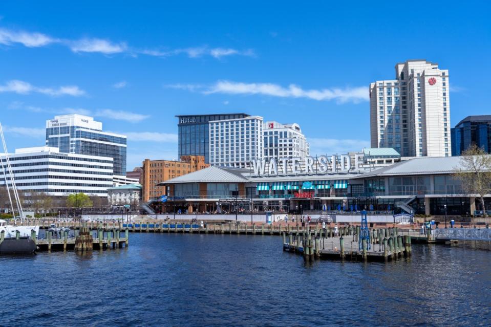 Waterside District in Downtown Norfolk seen from the water via Getty Images