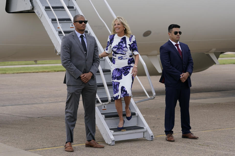 First lady Jill Biden arrives at Love Field Airport in Dallas, Tuesday, June 29, 2021. (AP Photo/Carolyn Kaster, Pool)