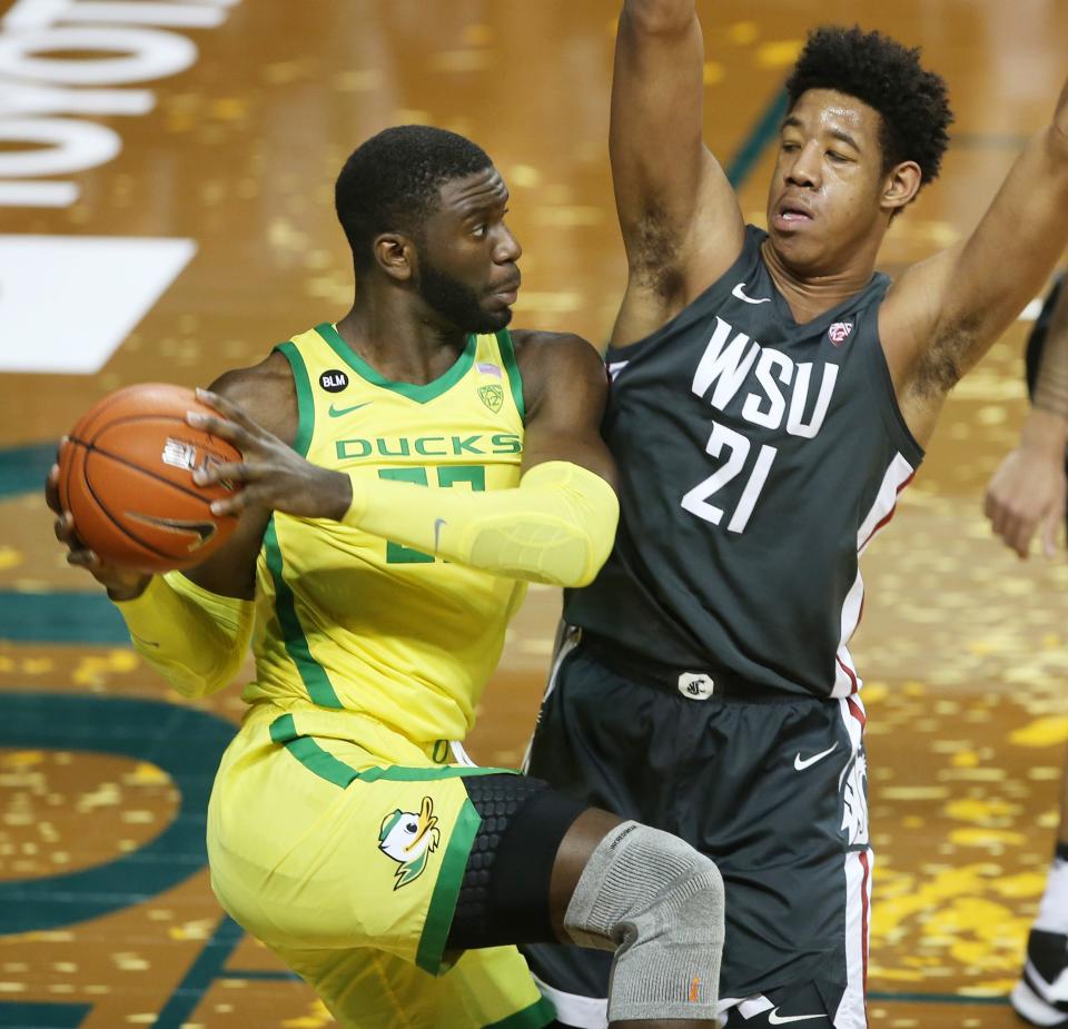 Dishon Jackson, seen here playing for Washington State during the 2020-21 season, will have a tall task against Kansas this season. Jackson joined the Cyclones as a transfer ahead of the 2024-25 season.