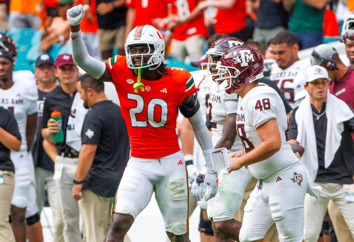 Miami Hurricanes safety James Williams (20) reacts after a play against Texas A&M during the second quarter of an NCAA non conference game at Hard Rock Stadium on Saturday, Sept. 9, 2023 in Miami Gardens, Florida. David Santiago/dsantiago@miamiherald.com