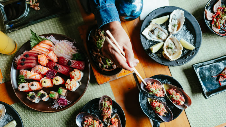 top view of various Japanese dishes