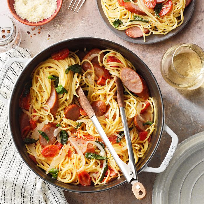 <a href="https://www.tasteofhome.com/recipes/one-pot-sausage-and-basil-pasta/" rel="nofollow noopener" target="_blank" data-ylk="slk:One-Pot Sausage and Basil Pasta from Erin Raatjes;elm:context_link;itc:0;sec:content-canvas" class="link rapid-noclick-resp">One-Pot Sausage and Basil Pasta from Erin Raatjes</a>