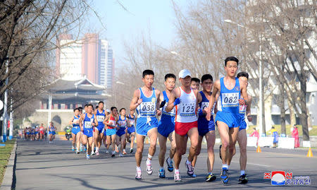 Participants take part in the 30th Mangyongdae Prize International Marathon in Pyongyang, North Korea, in this photo released on April 7, 2019 by North Korea's Korean Central News Agency (KCNA). KCNA via REUTERS