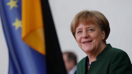 German Chancellor Angela Merkel awaits the arrival of the new European Parliament President Antonio Tajani at the Chancellery in Berlin, Germany, February 24, 2017. REUTERS/Hannibal Hanschke