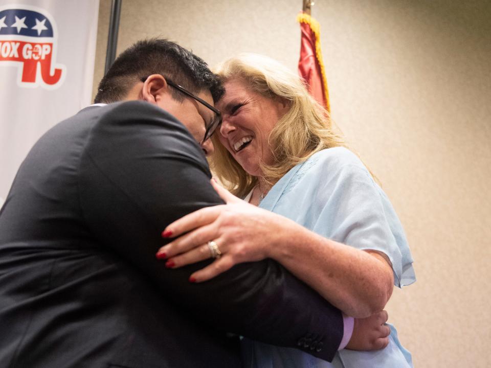 Elaine Davis is congratulated by Knox County Republican Party Chairman Daniel Herrera at GOP election party after Davis won the Aug. 4 Republican primary for Tennessee House District 18.