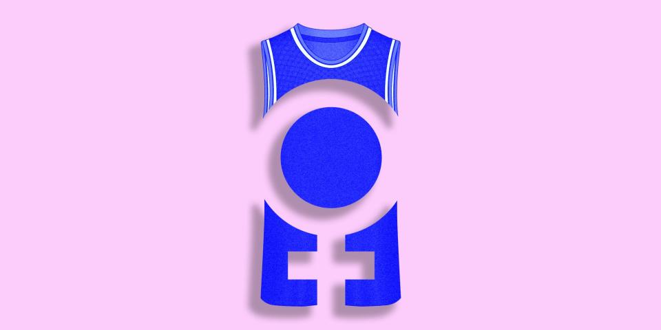 A sports jersey with a women's symbol cut out of it