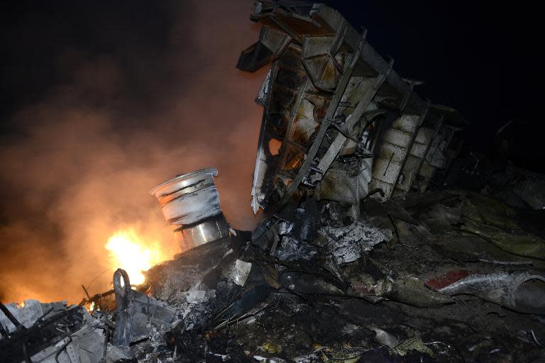 A picture taken on July 17, 2014 shows flames and smoke amongst the wreckage of the Malaysian airliner after it crashed, near the town of Shaktarsk, in rebel-held east Ukraine