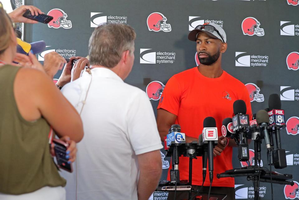 Cleveland Browns GM Andrew Berry fields questions from local media about Deshaun Watson during a press conference at the NFL team's training facility in Berea on Thursday.