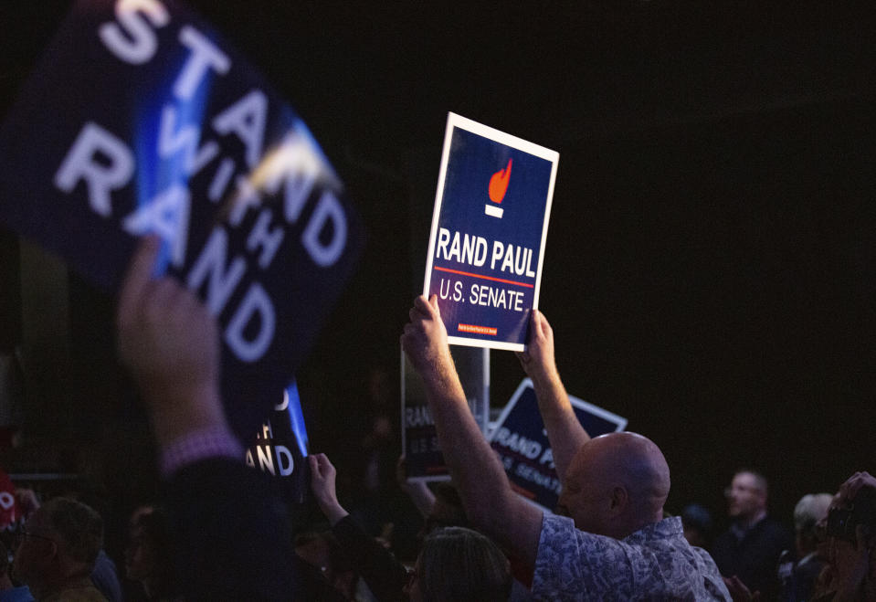 Supporters of Sen. Rand Paul, R-Ky., cheer as he gives a victory speech in Bowling Green, Ky., Tuesday, Nov. 8, 2022. (Grace Ramey/Daily News via AP)