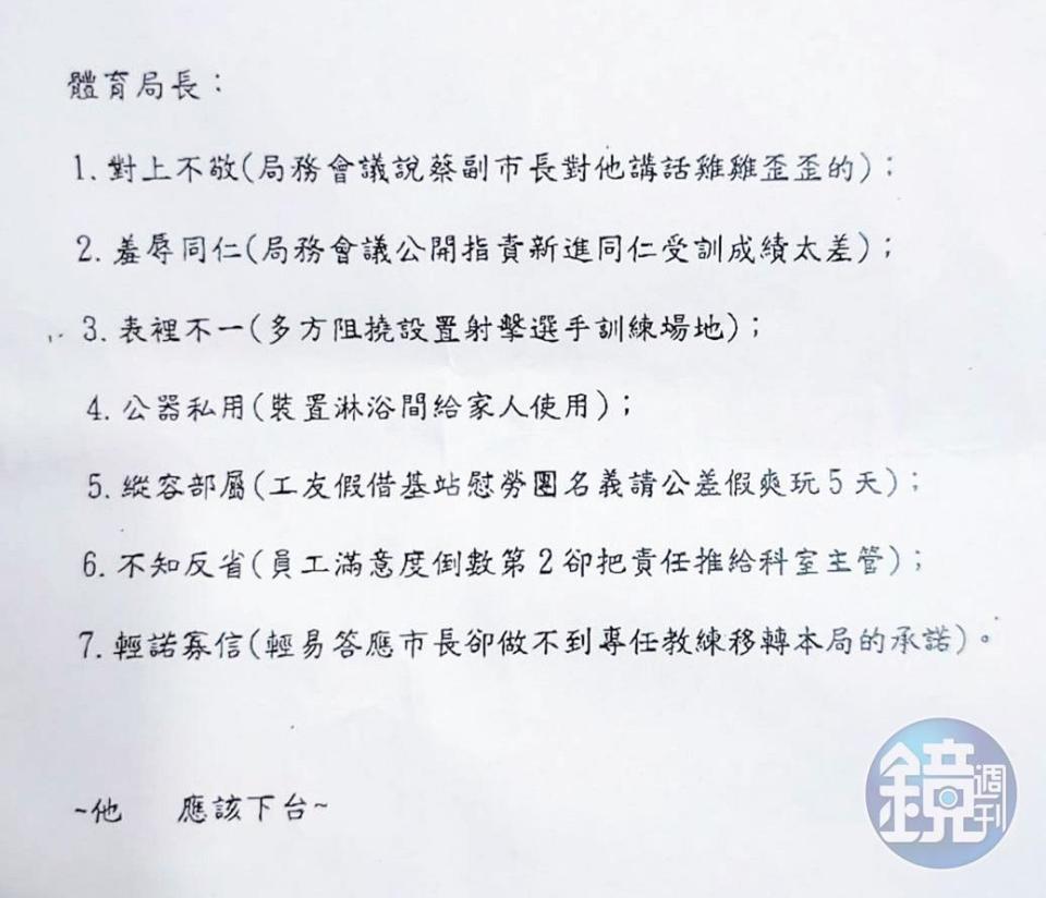 北市府及部分議員日前接獲體育局員工的陳情信，指控局長李再立有7大罪狀。（讀者提供）