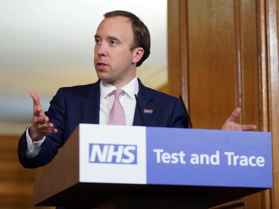 Health secretary Matt Hancock at a remote press conference on the NHS' new test and trace programme: 10 Downing Street/AFP via Getty