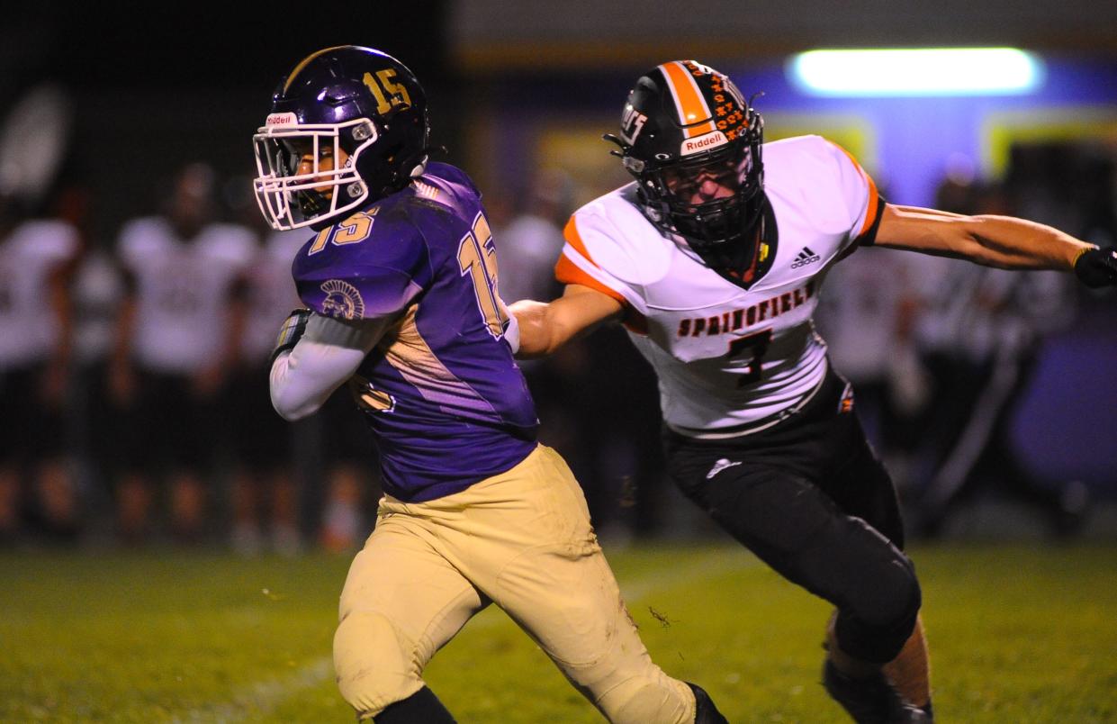 Sebring's Noah Frederick runs the ball against Springfield Local in a game in October. Frederick was named to the Division VII All-Ohio second team as a running back.