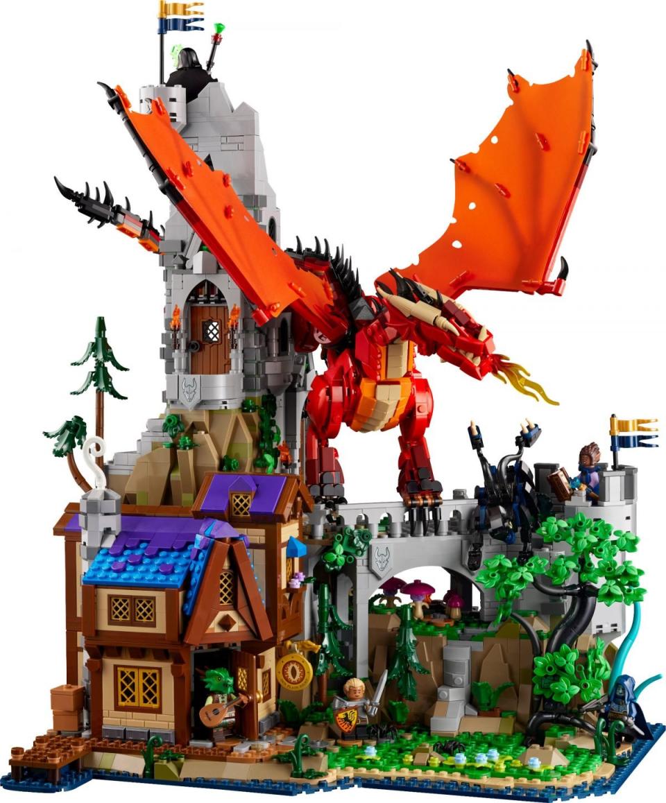 A LEGO red dragon threatens a LEGO town in the new LEGO Dungeons u0026 Dragons set