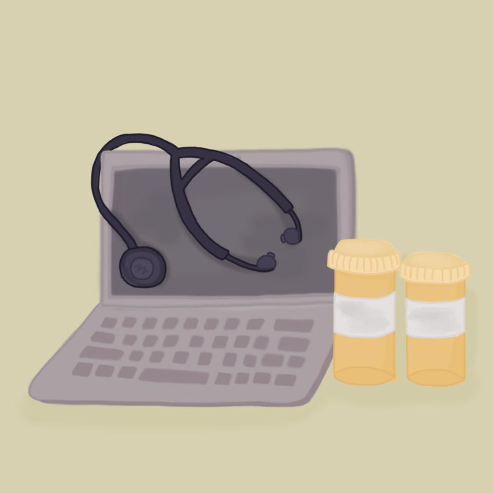 Illustration of a laptop with a stethoscope on it and two pill bottles next to the laptop.