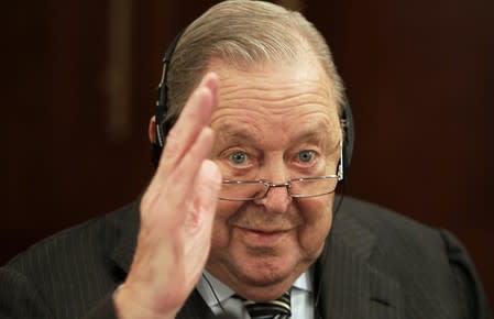 FILE PHOTO: Former UEFA President Lennart Johansson gestures at the beginning of the UEFA Executive Committee meeting in Prague