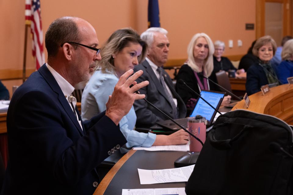 Sen. Mark Steffen, R-Hutchinson, questions opponents to bills that would ban doctors from providing gender-affirming care to trans youths Thursday during a committee hearing at the Kansas Statehouse.