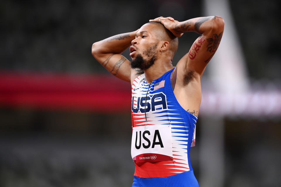 TOKYO, JAPAN - JULY 31: Trevor Stewart of Team United States reacts during the 4 x 400m Mixed Relay Final on day eight of the Tokyo 2020 Olympic Games at Olympic Stadium on July 31, 2021 in Tokyo, Japan. (Photo by Matthias Hangst/Getty Images)