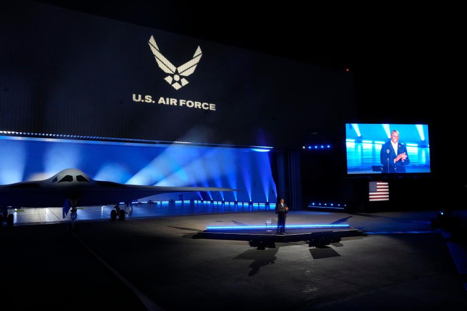 Secretary of Defense Lloyd Austin introduces the B-21 Raider stealth bomber at a Northrop Grumman facility in December in Palmdale, California.