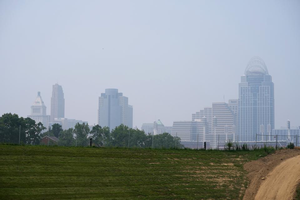 View of Downtown Cincinnati and the Dan Beard Riverwalk in Covington, Ky., as smoke from Canadian wildfires continues to drift southward into the United States, causing widespread air quality alerts throughout the Midwest, Wednesday, June 28, 2023.