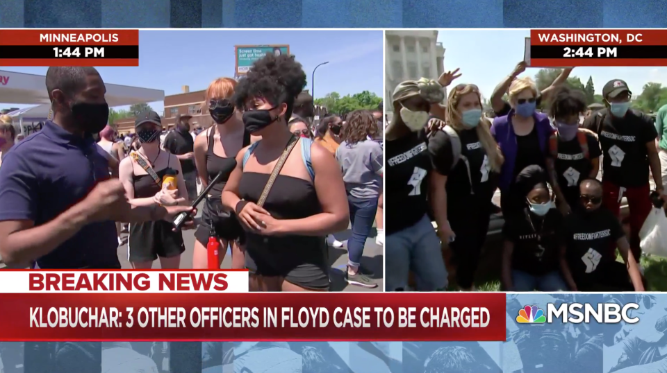 MSNBC.com | On MSNBC Wednesday, correspondent Shaquille Brewster interviews activists in Minneapolis, while a camera crew in Washington catches Senator Elizabeth Warren posing for photos with protesters.