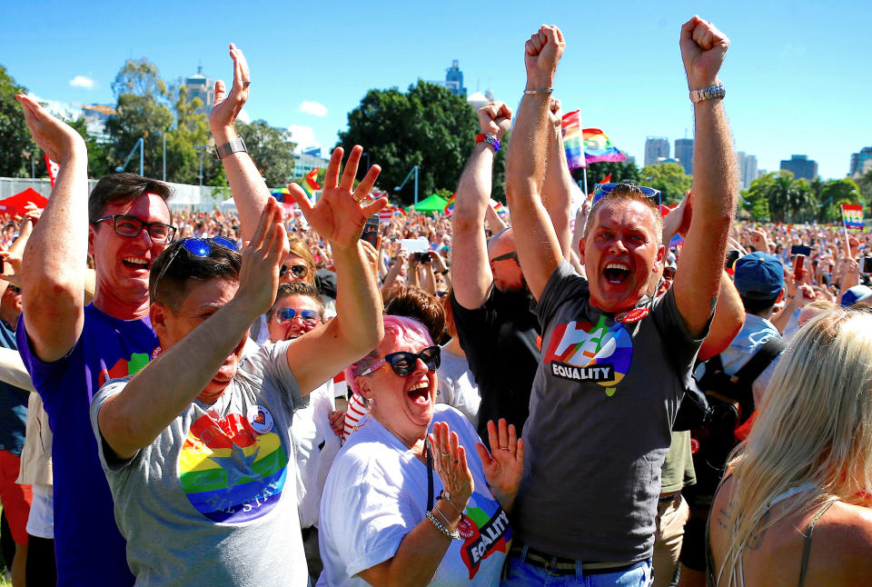 <p>Supporters of the ‘Yes’ vote for marriage equality celebrate after it was announced the majority of Australians support same-sex marriage in a national survey, paving the way for legislation to make the country the 26th nation to formalise the unions by the end of the year, at a rally in central Sydney, Australia, Nov. 15, 2017. (Photo: David Gray/Reuters) </p>