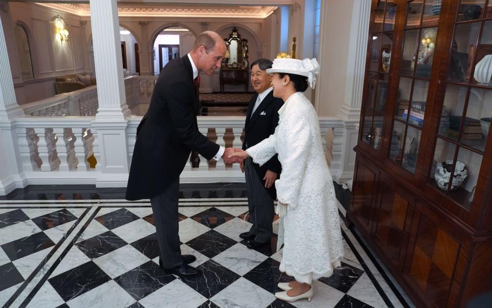 The Prince of Wales greets Emperor Naruhito and his wife Empress Masako of Japan at their hotel in London