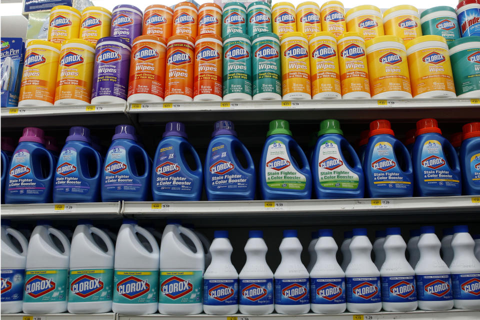 FILE - This July 15, 2011, file photo shows Clorox brand products line the shelf of a supermarket in the East Village neighborhood of New York. A handful of companies are rising to new highs even as stock markets around the world tumble on worries about a rapidly spreading virus. Clorox is close to an all-time high after jumping Monday, Feb. 24, 2020, amid expectations that more homes and hospitals will use its disinfecting wipes, for example. (AP Photo/Mary Altaffer, File)