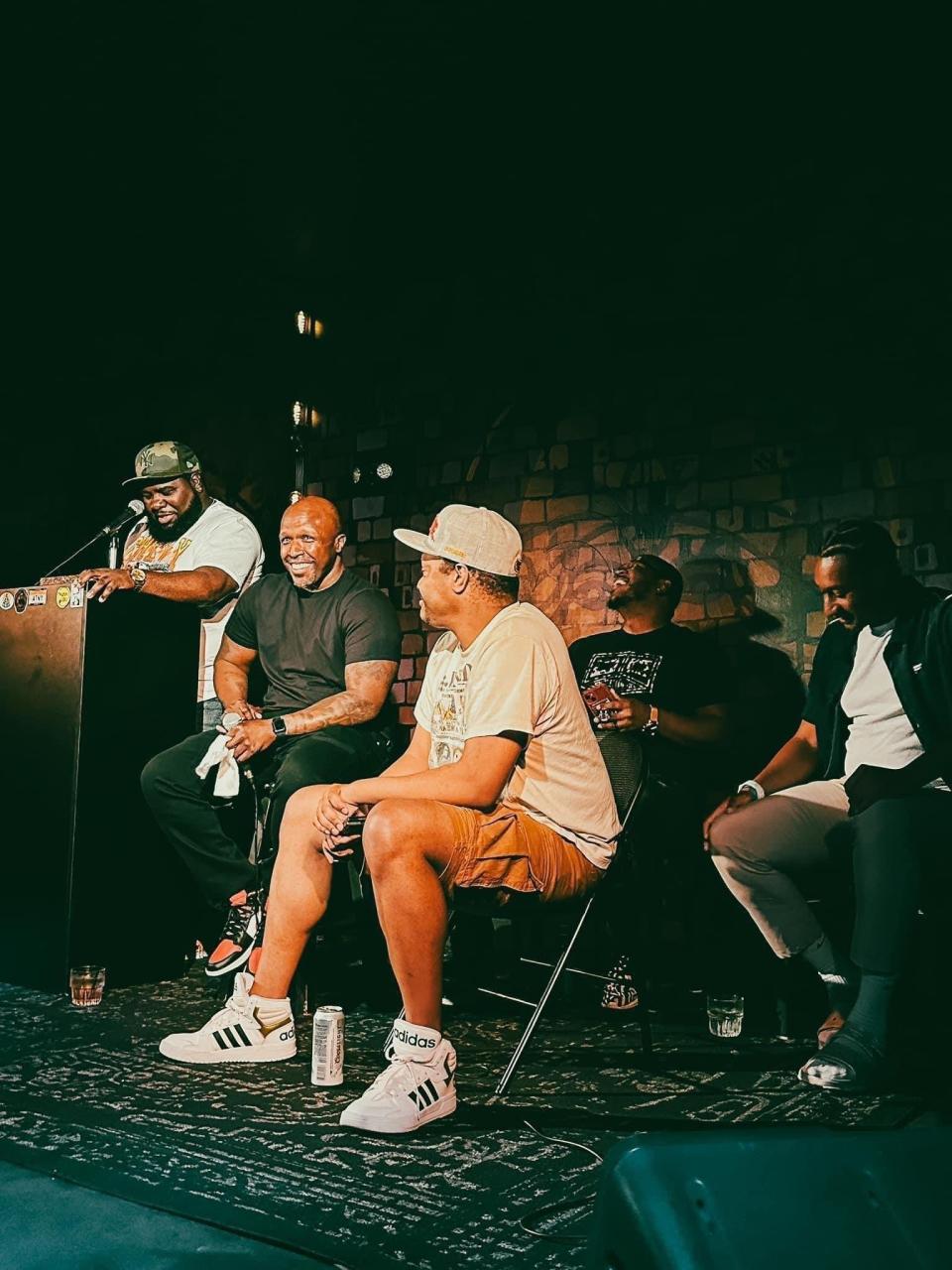 From left to right: Darius Daye, Bernard Bell, Perry Thompson III, Day Peace and Clifton Antoine at a late May roast of Bell for Black Iowa Streams' monthly residency at Teehee's Comedy Club in Des Moines.