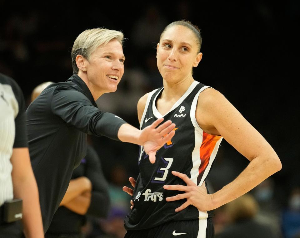 Jun 5, 2022; Phoenix, Ariz., U.S.; Phoenix Mercury head coach Vanessa Nygaard talks with guard Diana Taurasi (3) during the second quarter against the Los Angeles Sparks at Footprint Center.