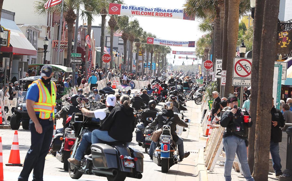 Bikers crowd Main Street during Bike Week in Daytona Beach on Monday, March 8, 2021. (Stephen M. Dowell/Orlando Sentinel)