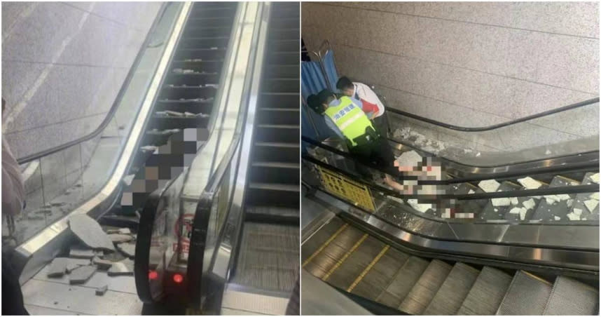 大陸重慶地鐵南坪站驚傳磁磚脫落，當場砸傷一名孕婦。（圖／擷取自微博）