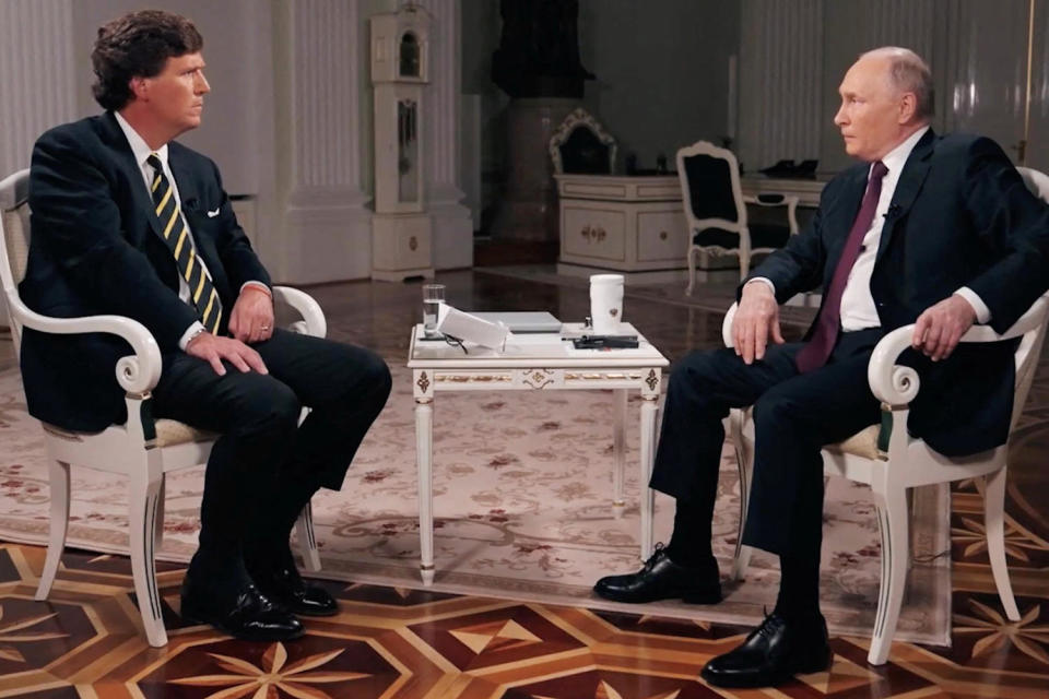 Russian President Vladimir Putin speaks during an interview with U.S. television host Tucker Carlson, in Moscow politics political politician (Tucker Carlson Network via Reuters)