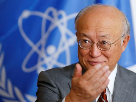 International Atomic Energy Agency (IAEA) Director General Yukiya Amano gestures during an interview with Reuters at the IAEA headquarters in Vienna, Austria September 26, 2017. REUTERS/Leonhard Foeger