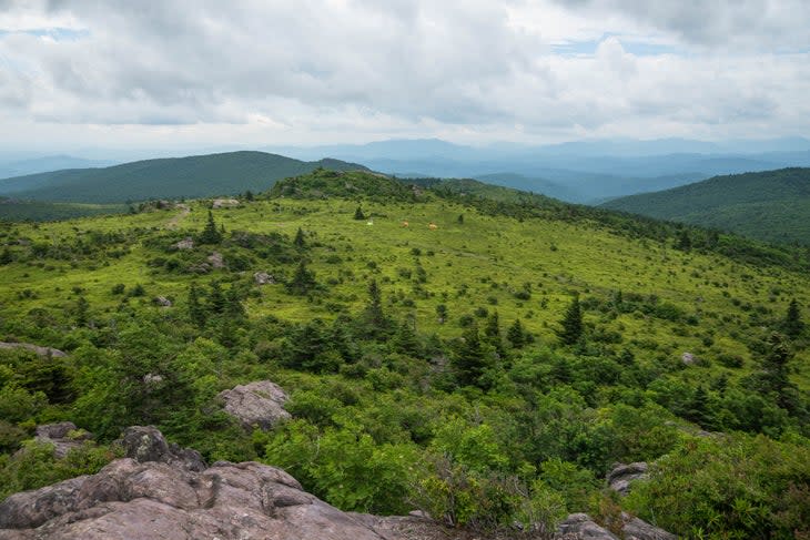 A panoramic view of Grayson Highlands State Park from the top of the hill. In the distance our camp site is set up for us so when we are done with our hike we can relax.