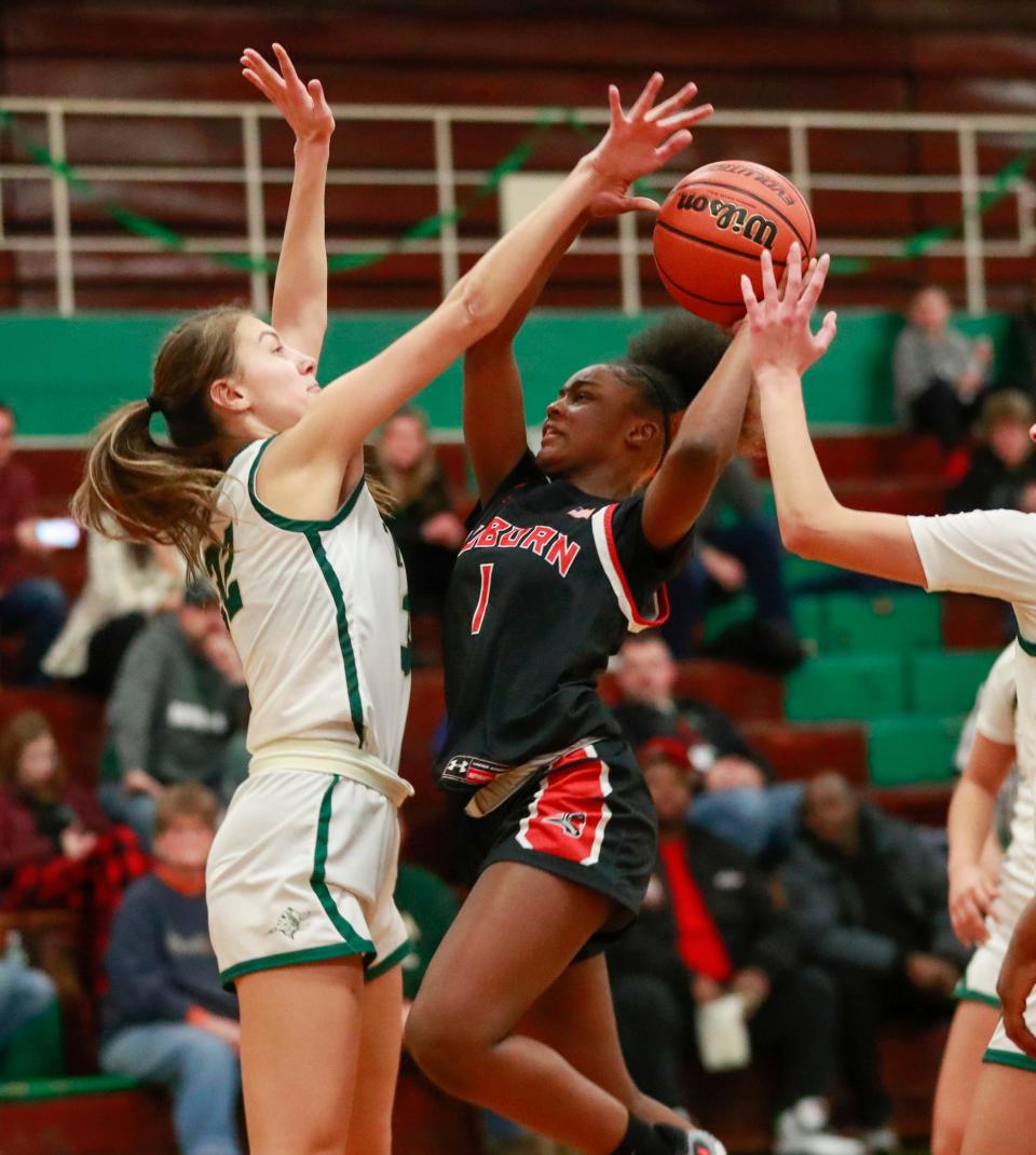 Auburn freshman Destiny Robinson goes up for a shot against Boylan on Jan. 27, 2023 at Boylan. Robinson and sophomores Alivia Brown and Ava Gray have scored more than 80 percent of Auburn's points this year.
