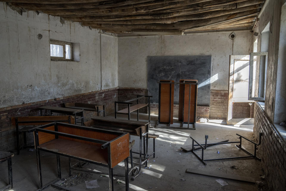 A classroom that previously was used for girls sits empty in Kabul, Afghanistan, Thursday, Dec. 22, 2022. The country's Taliban rulers earlier this week ordered women nationwide to stop attending private and public universities effective immediately and until further notice. They have banned girls from middle school and high school, barred women from most fields of employment and ordered them to wear head-to-toe clothing in public. Women are also banned from parks and gyms.(AP Photo/Ebrahim Noroozi)