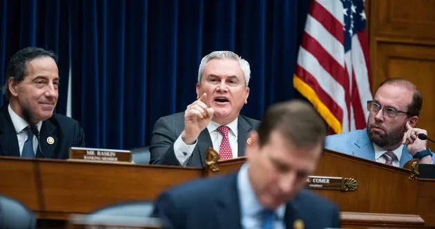 House Oversight Committee members, from left, Jamie Raskin (D-Md.), Chairman James Comer (R-Ky.), Dan Goldman (D-N.Y.) and Jason Smith (R-Mo.) attend a March 20 hearing titled 