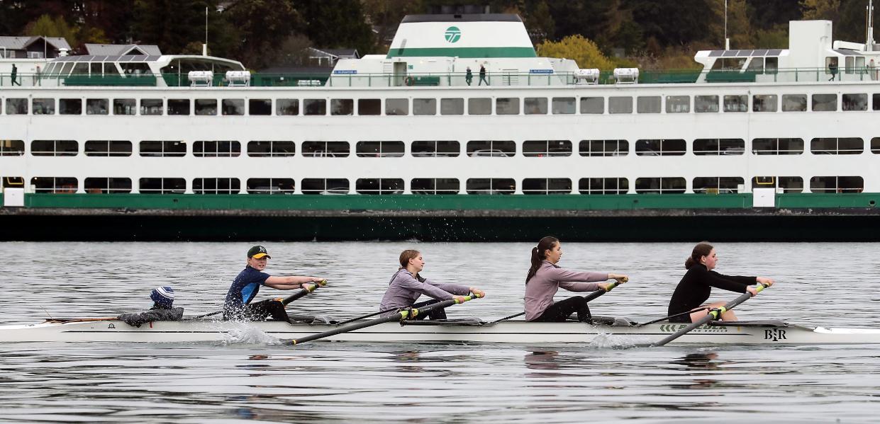 Bainbridge Island Rowing's novice girls team practice in Eagle Harbor on a rainy Wednesday, April 20, 2022.