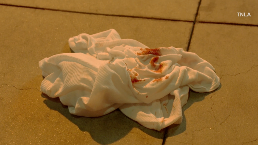 A bloody shirt is seen during an investigation into a stabbing on a Metro station in Athens on May 13, 2024.